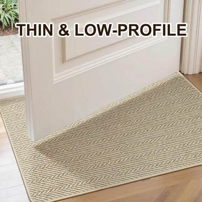 Skiennix Ultra Thin Indoor Door Mat - Non-Slip Herringbone Design | 24"x36", Beige Entryway Mat