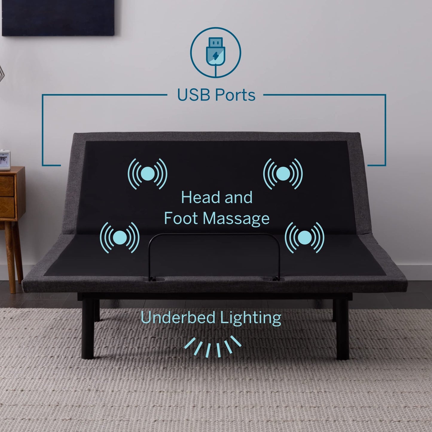 Lucid L600 Adjustable Bed Base Frame - Queen Size - Zero Gravity - Bluetooth - Companion App - Head and Foot Incline - Interactive Dual Massage - Under Bed Lighting - Wireless Remote - Dual USB Ports