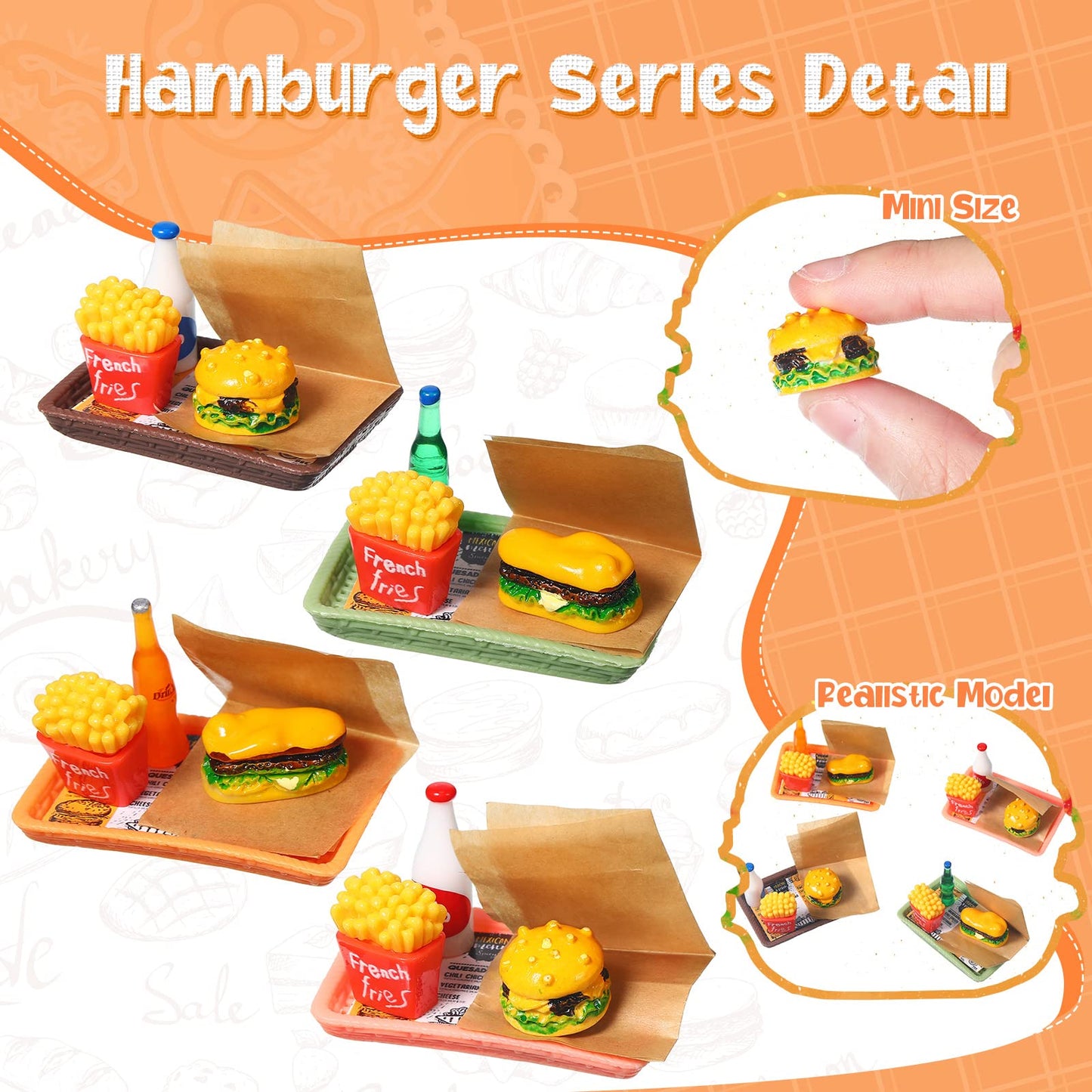 Civaner 50 Pieces Dollhouse Miniature Fast Food Accessories Set Christmas Mini Food Mixed Resin Drink Mini Hamburger Fries Juice Milk Bread Jam Cup Doll Kitchen Pretend for 1:12 Dollhouse