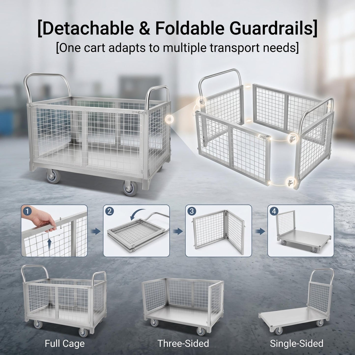 2200 LBS 4-in-1 Cart, Platform Truck Cart with maidian, 360° Direction Wheel Platform cart, Rust Resistant Steel Cage, for Grocery Store, Garage & Warehouse use