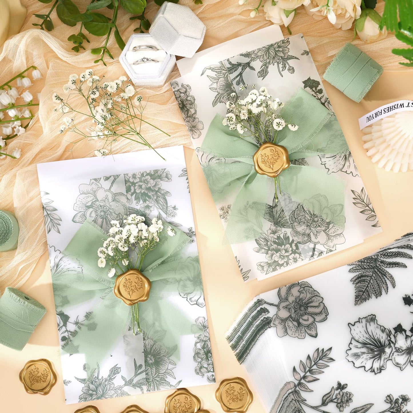 FeilxStella 100 Sets Wedding Invitations Kit with Pre-Folded Vellum Jackets for 5x7 Cards, Sage Green Chiffon Ribbon, Gold Wax Seal Stickers, Dried Pressed Flowers, DIY Wedding Invitation Supplies