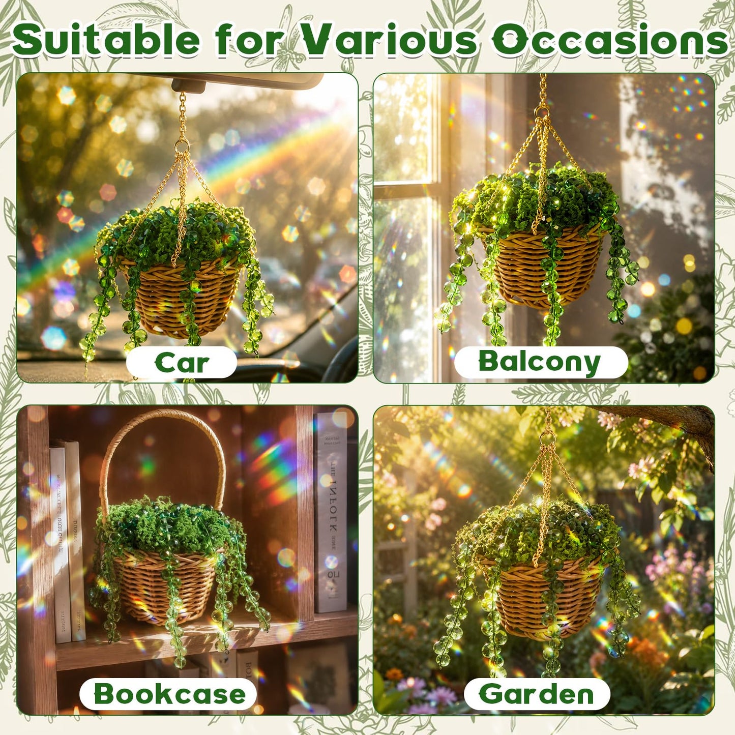GUJYUYIF Beaded Plant Kit Green Glass Beads for Plant Making with Rattan Basket, Hanging Suncatchers Beading Kit for Jewelry Making DIY Craft Kit Plants