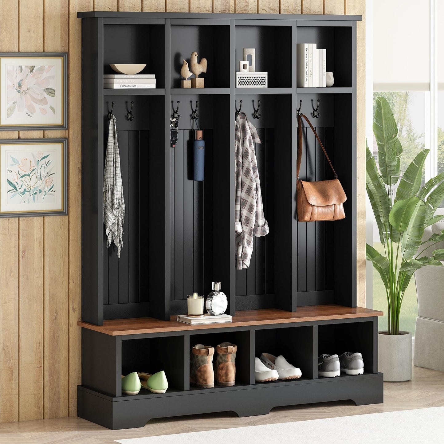 Merax Farmhouse Hall Tree with Bench and Shoe Storage, 59" Entryway Bench with Coat Rack, 3-in-1 Hall Tree with Top Compartments and 8 Hooks for Hallway, Living Room, Black