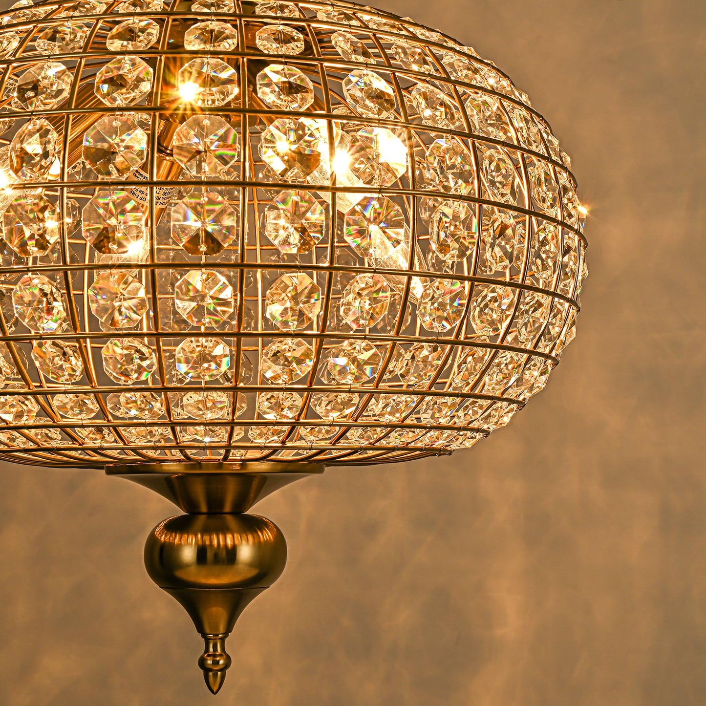 HUOKU Gold Crystal Chandelier, 16.5" Modern 4-Light Round Crystal Pendant Light Antique Globe Foyer Chandelier for Dining Room Living Room