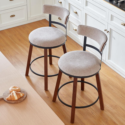 Finekoze Modern Bar Stools Set of 2, 26" Thick Upholstered Barstools with Curved Frabic Backrest&Solid Wood Legs&Matte Metal Frame, Counter Height Bar Stools for Kicthen Island,Khaki