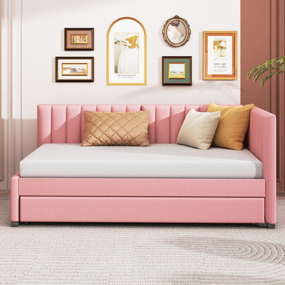 Acosure Twin Size Upholstered Linen Daybed with Twin-Size Trundle,Sofa Bed Frame W/Slat Support and Back & Armrest,No Box Spring Needed,for Apartment,Bedroom,Guest Room,Pink