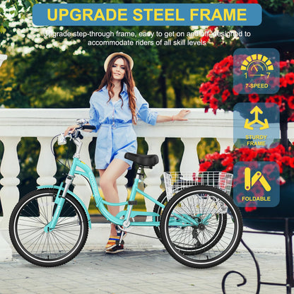 NAIZEA 7-Speed 20/24/26 Inch Adult Tricycle, Folding Steel Trike with Large Basket, Low-Step Through for Women, Men, Seniors