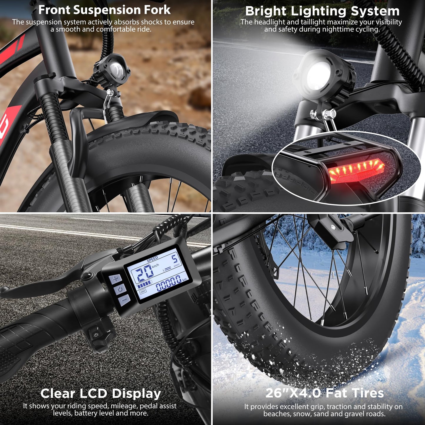 Funhang Electric Bike for Adults, 1000W Peak Ebike, 20MPH 60Miles Electric Mountain Bike, 26" Fat Tire Electric Bicycle with 48V 13AH Battery, Front Suspension,7 Speed, Rear Rack, UL 2849 Certified