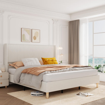 GarveeLife King Size Corduroy Upholstered Bed Frame, 50.4" Wingback Headboard with Sponge Padding, Wooden Slats Support, Noise‑Free, No Box Spring Needed, Beige
