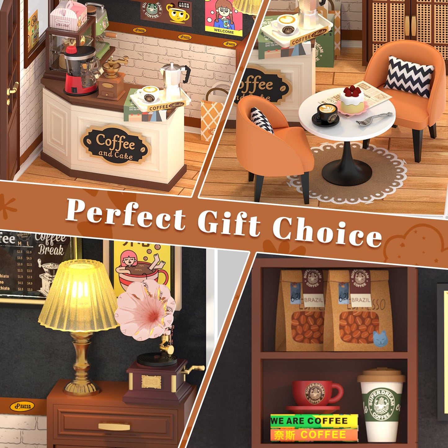 Loyratche DIY Retro Coffee Shop Miniature House Kit, 115 Pieces Mini Dollhouse with Furniture & LED Light with Roof & Dust Covers Tiny House Toy for Adults