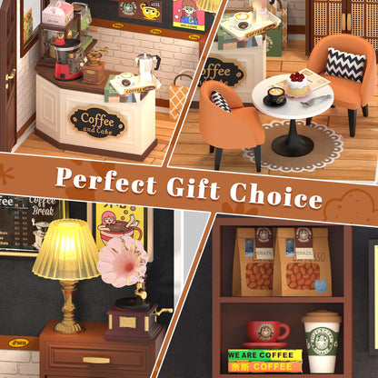 Loyratche DIY Retro Coffee Shop Miniature House Kit, 115 Pieces Mini Dollhouse with Furniture & LED Light with Roof & Dust Covers Tiny House Toy for Adults