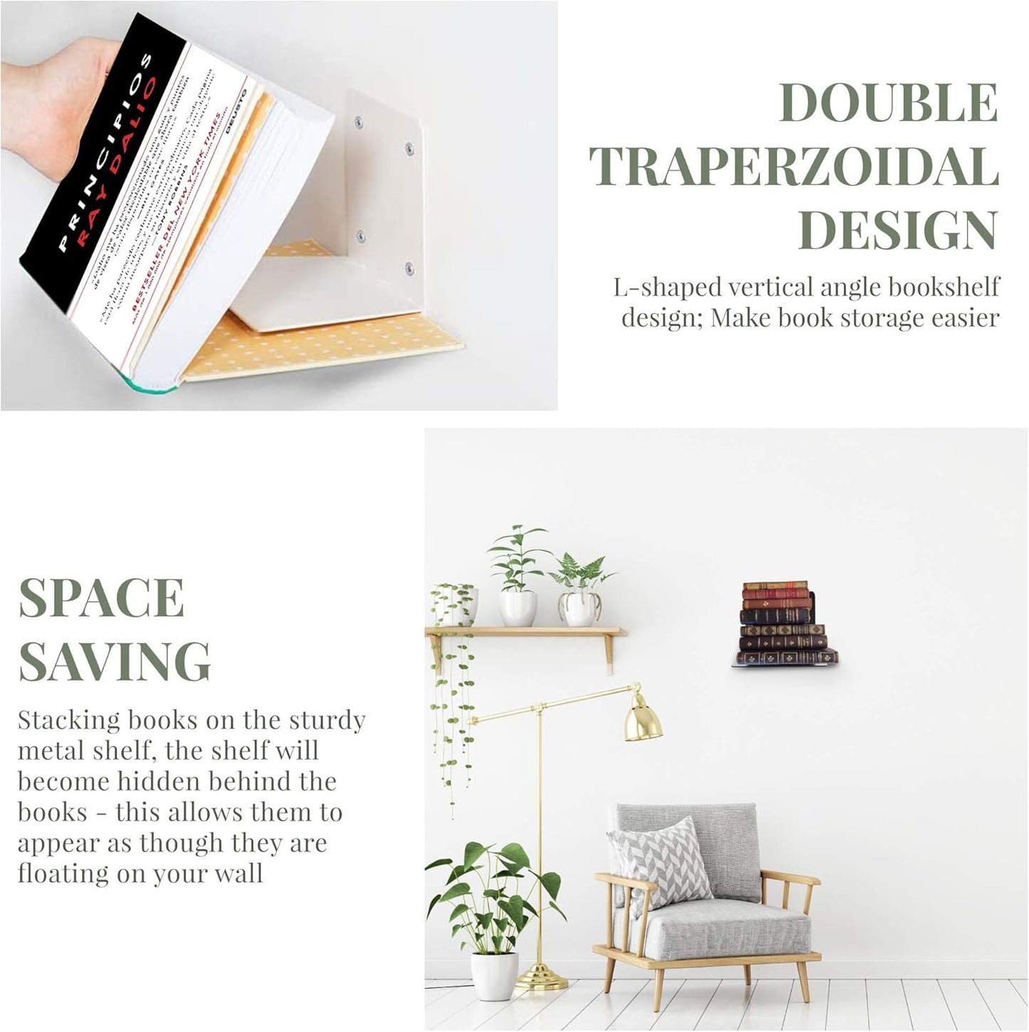 Set 4 of Invisible Floating Bookshelf, Heavy Duty Wall Mounted Book Organizer, Metal Shelves Holder for Books, Large