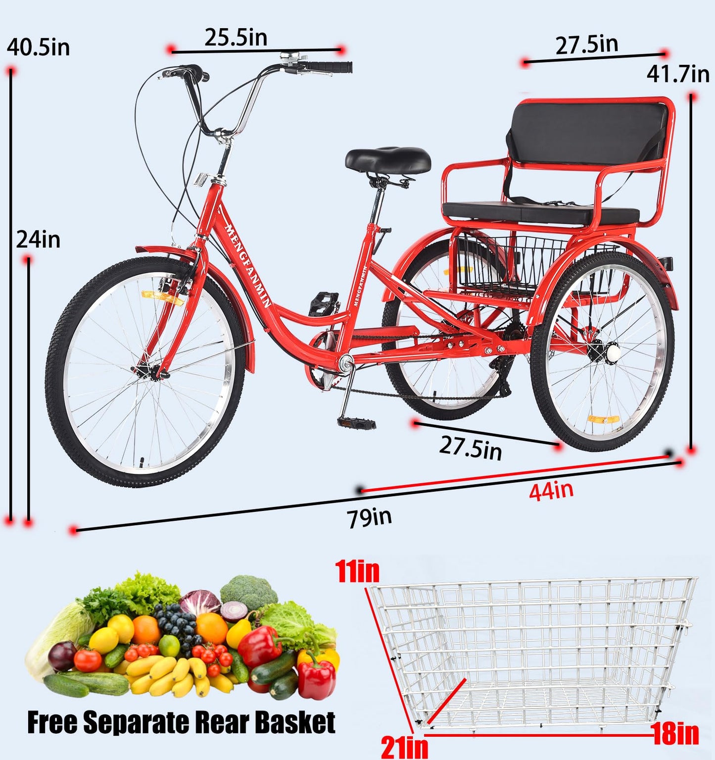 DONGSHAN Tricycle Adult Folding Bicycle Comfortable seat 3 Wheel Bicycle Rear Enlarged Vegetable Basket Double Chain 24in for Parents and Children Maximum Load 550lbs (24in-7speed-red)