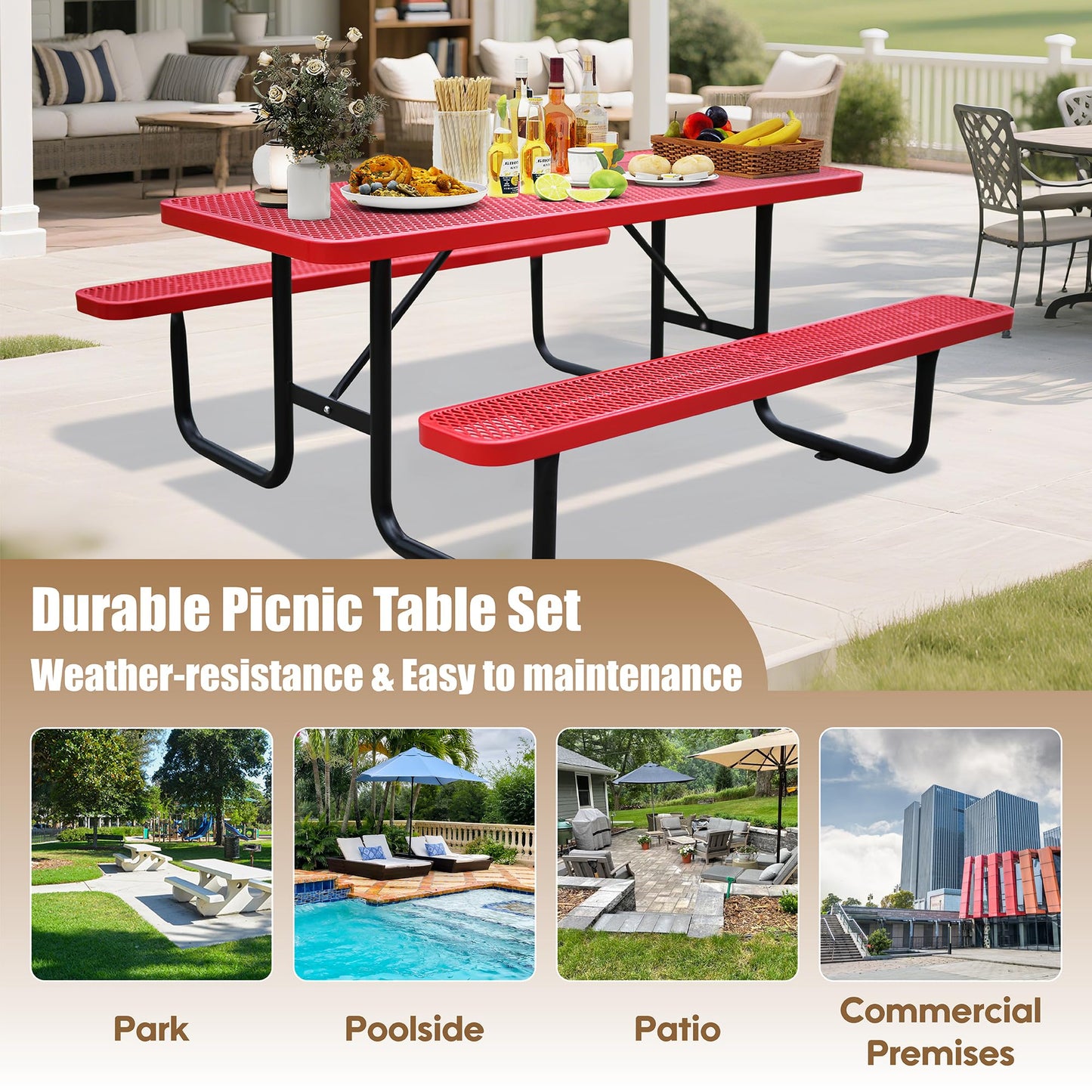 6FT Metal Picnic Tables for Outdoors, Commercial Rectangular Picnic Table and Bench Set for Outside, Patio, Garden, Backyard, Porch, Surface Mount, Red