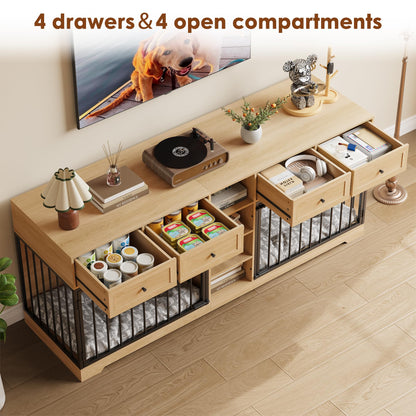Garvee Double Dog Crate Furniture, 82'' Large Dog Kennel Indoor with 4 Drawers and Shelves, Heavy Duty Wooden Dog Crate TV Stand for 2 Large Medium Dogs, Natural