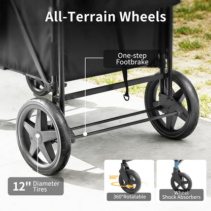 Stroller Wagon for 4 Kids, 4 Seater Wagon Stroller with Convertible Seats Footrests, Snack Tray, Storage Bag, Removable Canopy, Wagon Stroller 4 Seater with Double Push Handle (Black-Convertible)