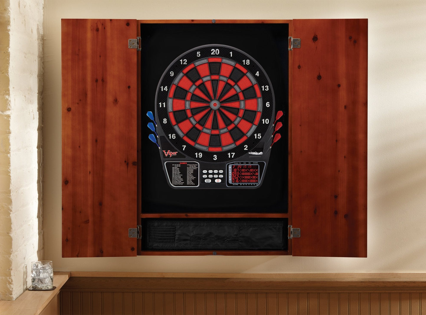 Viper by GLD Products Metropolitan Solid Wood Cabinet & Electronic Dartboard Play-Ready Bundle: Deluxe Set (797 Dartboard and Darts), Cinnamon Finish, One Size