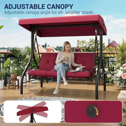 GarveeLife 3-Seat Outdoor Porch Swing with Adjustable Canopy, Convertible Patio Swing Bed with Stand, Thick Cushions & Cup Holders, Weather-Resistant for Backyard, Garden, Porch - Red