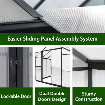 Yardenaler 8x8 FT Outdoor Greenhouse Kit, Polycarbonate Aluminum Walk-in Greenhouse with Adjustable Roof Vent and Lockable Door, Backyard Garden in Winter, Gray