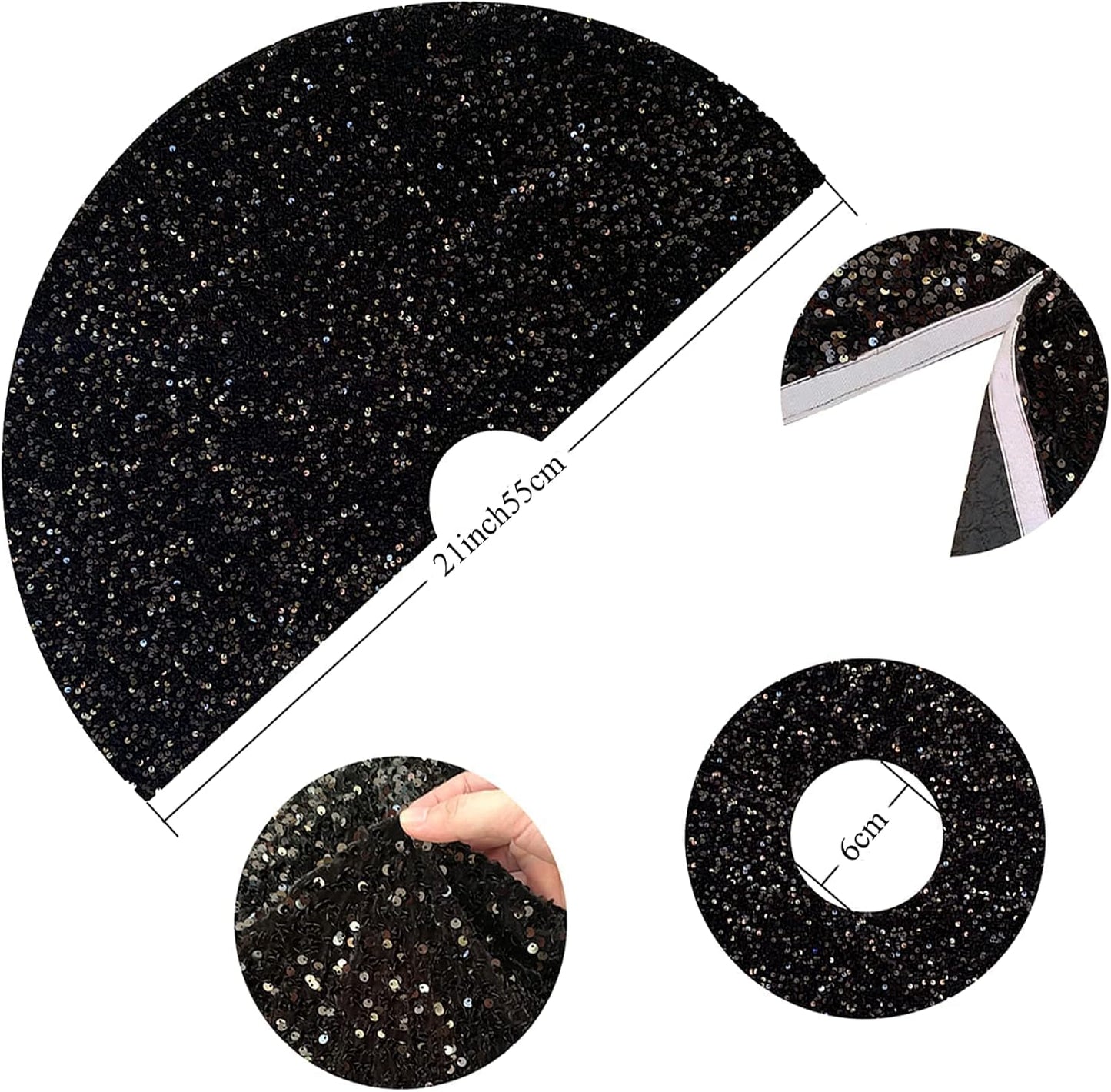 FUHSY Black Christmas Tree Skirt, 21 Inch Sequin Velvet Tree Cover Mat for Home Ornaments and Holiday Decor