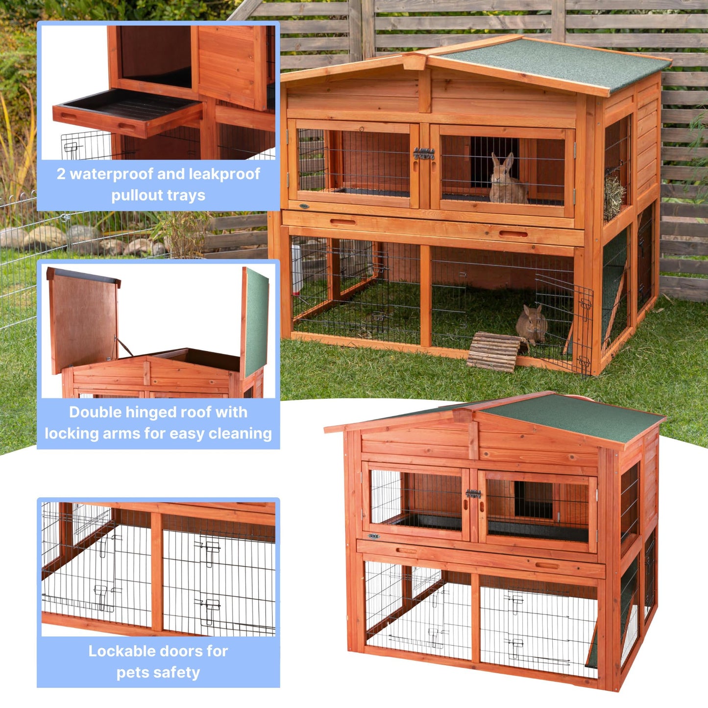 TRIXIE natura Outdoor Deluxe Rabbit Hutch with Run - Large 2-Story Rabbit Cage with Non-Slip Ramp - Elevated Small Animal House with Secure Playpen, Hinged Roof & Two Pull-Out Trays - in Natural