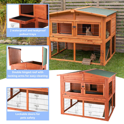 TRIXIE natura Outdoor Deluxe Rabbit Hutch with Run - Large 2-Story Rabbit Cage with Non-Slip Ramp - Elevated Small Animal House with Secure Playpen, Hinged Roof & Two Pull-Out Trays - in Natural