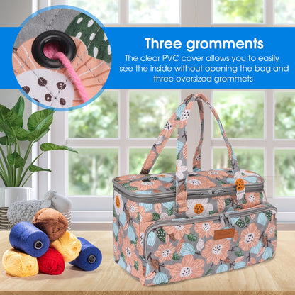 Hanfetch Yarn Bag-Large Size-Yarn Storage Organizer with Grommets-Portable Crochet Bag for Yarn Skeins-Crochet Hooks-Knitting Needles -Other Accessories (Flower-Grey)