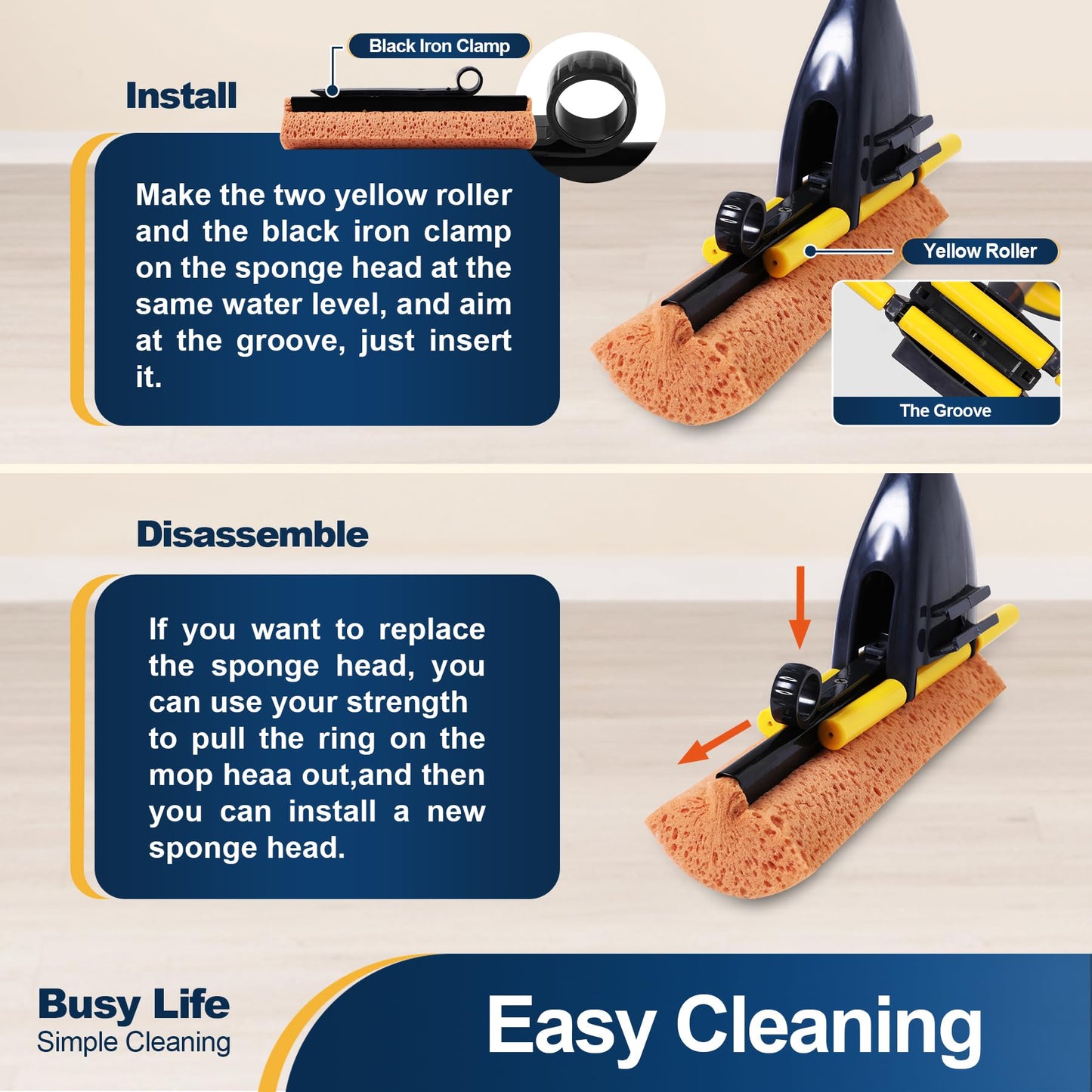 Yocada Sponge Mop Home Commercial Use Tile Floor Bathroom Garage Cleaning with Squeegee and Extendable Telescopic Long Handle 42-52 Inches Easily Dry Wringing