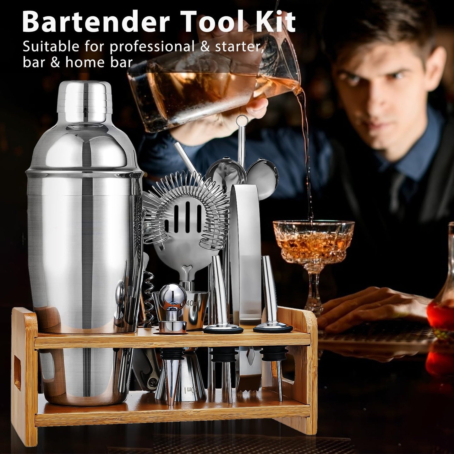 Cocktail Shaker Set Bartender Kit, Godmorn 15Pcs Bartender Shaker Set, 304 Stainless Steel Martini Shaker and Strainer, Bar Tool Set with Bamboo Stand, Recipe Book, for Home and Bar Party