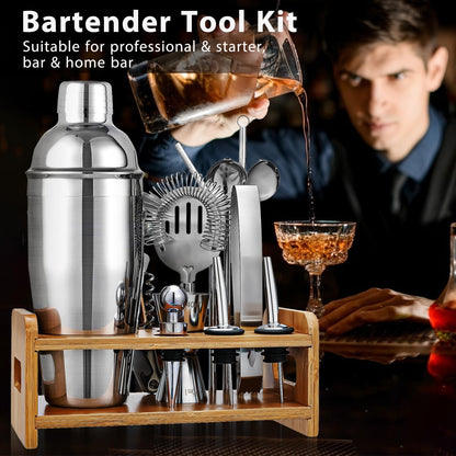 Cocktail Shaker Set Bartender Kit, Godmorn 15Pcs Bartender Shaker Set, 304 Stainless Steel Martini Shaker and Strainer, Bar Tool Set with Bamboo Stand, Recipe Book, for Home and Bar Party