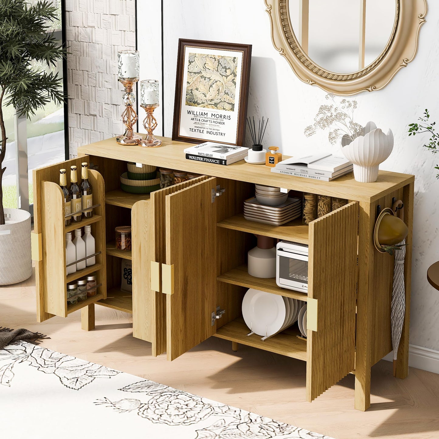 GDFStudio 58" Modern Buffet Cabinet with 4 Stripe Doors, Sideboard Storage Cabinet with Back Door Storage Racks, Shelves, Side Hooks, Coffee Bar Cabinet Credenza for Dining Room Living Room, Natural