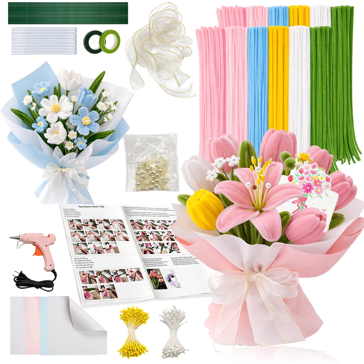 Party Rose 650PCS Pipe Cleaners Craft, Pipe Cleaner Bulk Flower Kit, 6 Colors Chenille Stems Flower Making Kit with Floral Wires, Gardening Tape, Stamens
