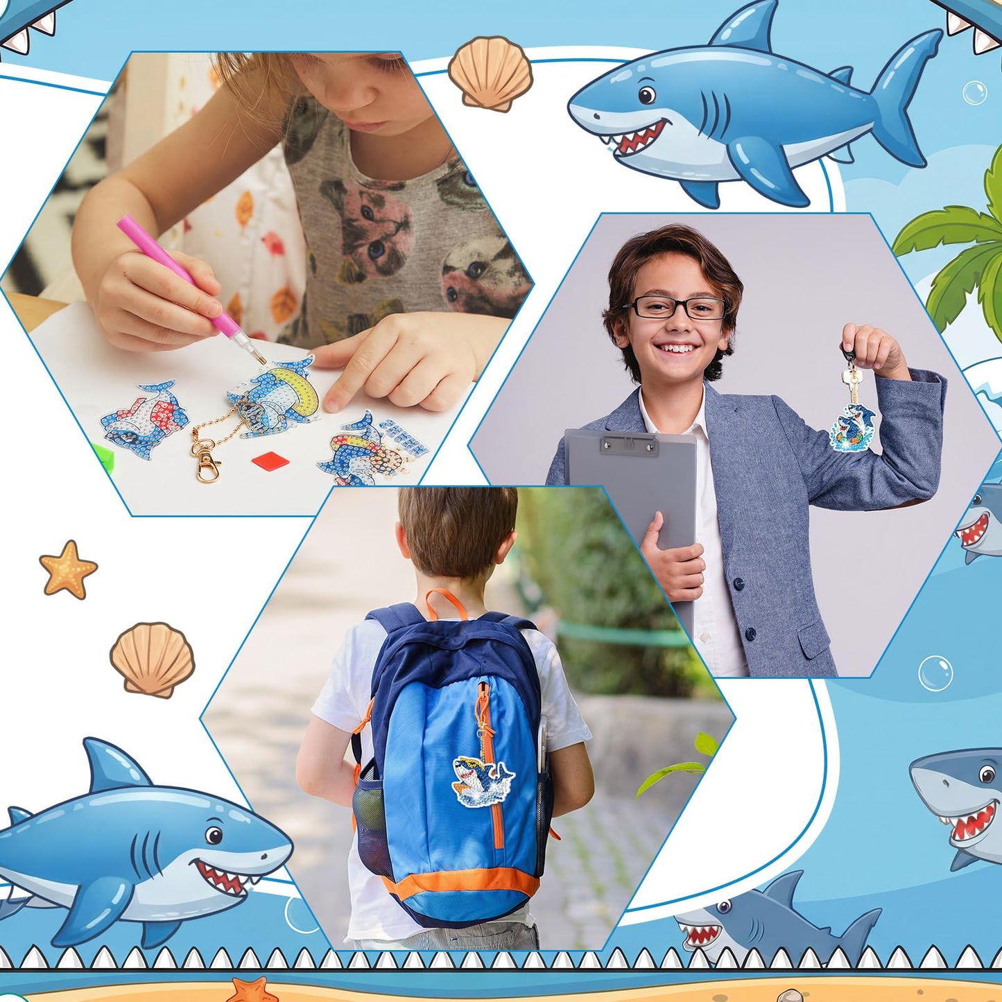 Huquary 30 Pcs Summer Diamond Art Keychains Shark Diamond Art Kits for Aldults Double Sided 5d Rhinestones Ocean Animal Beach Hanging Key Chains Ornaments for Beginners DIY Crafts Party