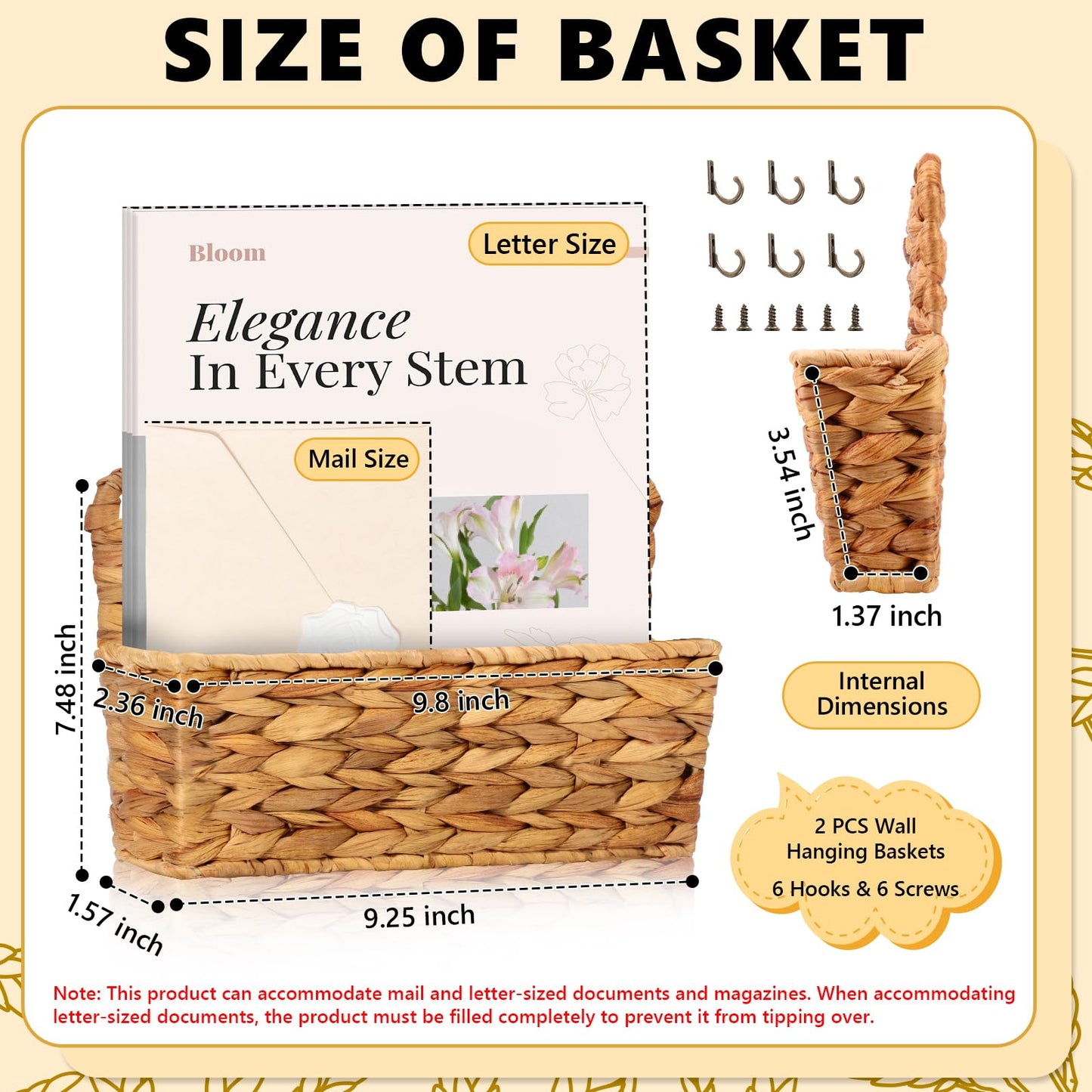 2 Pcs Woven Mail Holder Wall Mount Basket Rattan Wall Letter Holder Wicker Hanging Magazine Rack Water Hyacinth Magazine Basket 9.25x1.57 Inch Hanging Storage Basket with Hooks for Envelope Office