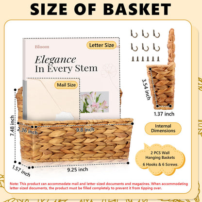 2 Pcs Woven Mail Holder Wall Mount Basket Rattan Wall Letter Holder Wicker Hanging Magazine Rack Water Hyacinth Magazine Basket 9.25x1.57 Inch Hanging Storage Basket with Hooks for Envelope Office
