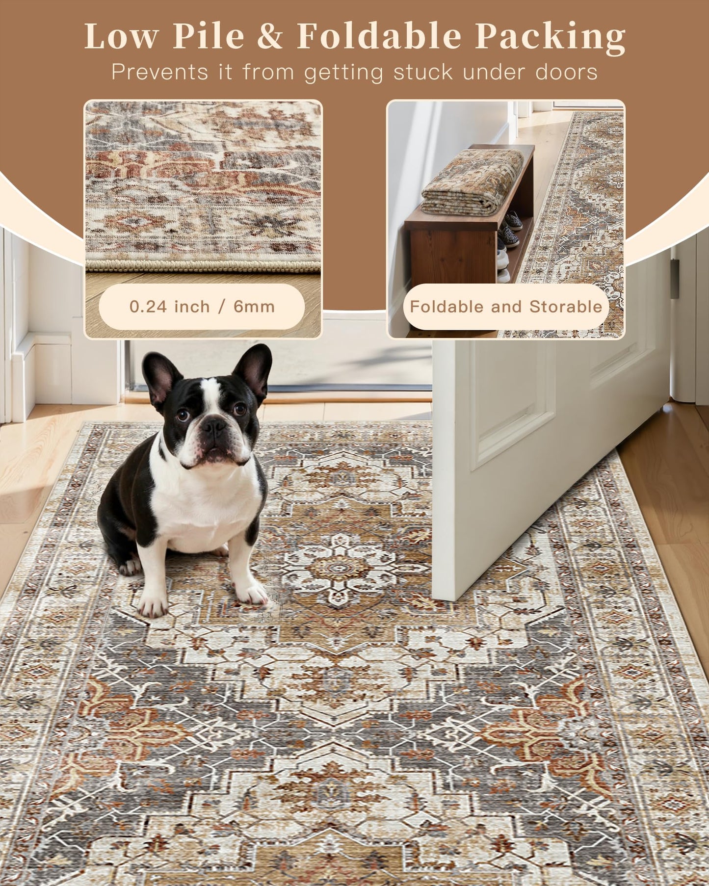 Madane Washable Runner Rug - 2x6 Rug Runners for Hallways 6 Feet Non Slip Vintage Kitchen Runner Rug Ultra-Thin Bathroom Runner Rugs Carpet Laundry Room Bedroom (2x6ft, Turmeric/Grey)