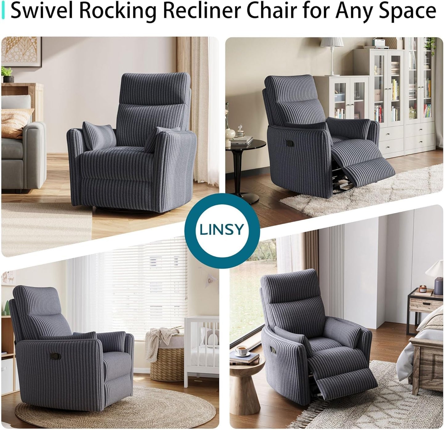 LINSY 360 Swivel Recliner Chair, Nursery Glider Rocking Chair with 2 Pillows, Corduroy Nursing Chair Comfy High Back Adult Rocker Recliner for Small Spaces, Nursery Bedroom Living Room (Gray)