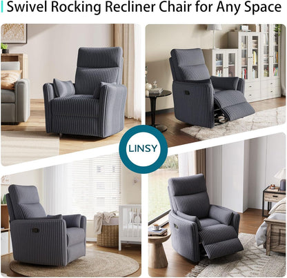 LINSY 360 Swivel Recliner Chair, Nursery Glider Rocking Chair with 2 Pillows, Corduroy Nursing Chair Comfy High Back Adult Rocker Recliner for Small Spaces, Nursery Bedroom Living Room (Gray)