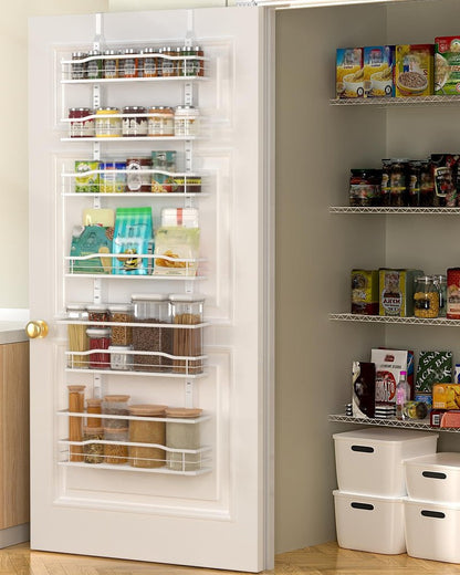 Moforoco White 6-Tier Over Door Pantry Organizer, Pantry Organization Storage, Door Metal Hanging Spice Rack Basket Shelves, Home Kitchen Apartment Essentials, Laundry Room Bathroom Organization