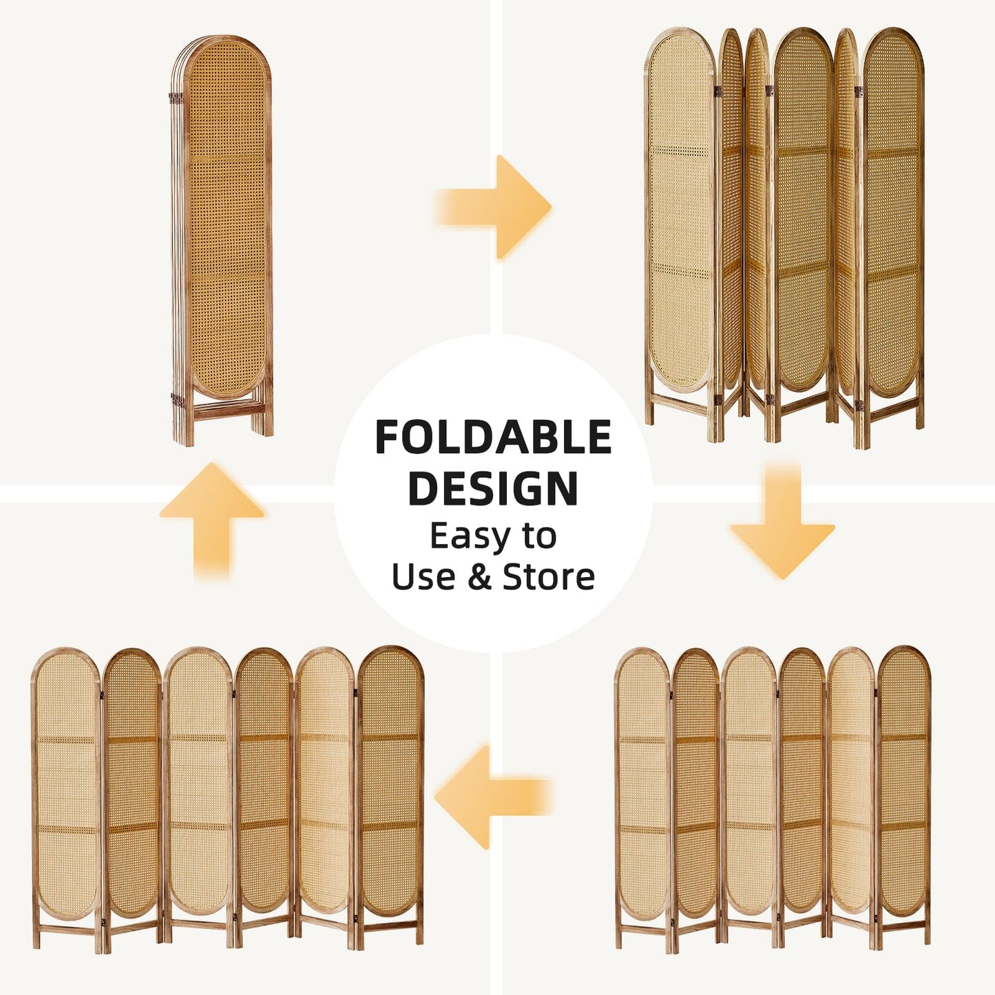 Asnefeli 6 Panels Room Divider, Foldable Wooden Room Divider, Individual Privacy Screen Made of Hand-Woven Rattan, Portable Wall Divider for Home Office Bedroom Bathroom Dressing Room (Natural)
