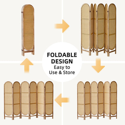 Asnefeli 6 Panels Room Divider, Foldable Wooden Room Divider, Individual Privacy Screen Made of Hand-Woven Rattan, Portable Wall Divider for Home Office Bedroom Bathroom Dressing Room (Natural)