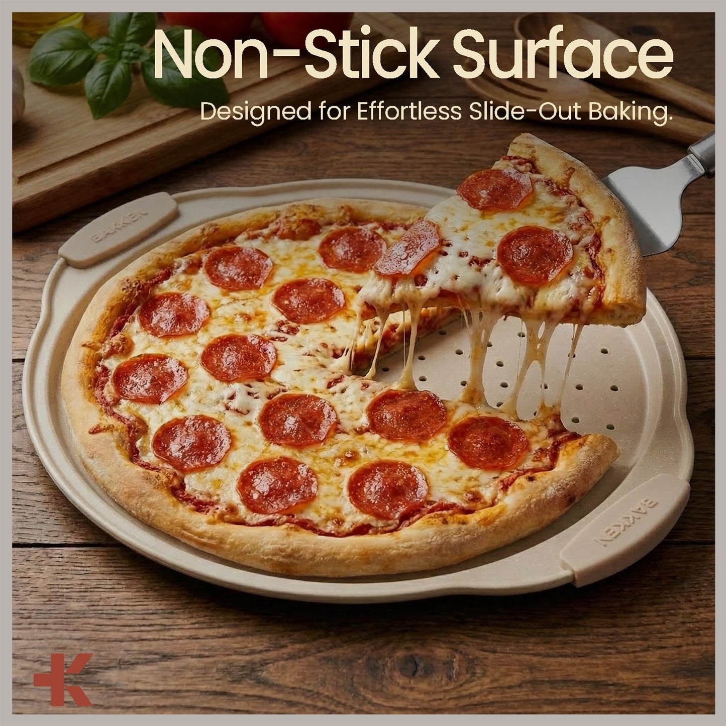 Bakken Pizza Baking Pan - Round Perforated Carbon Steel Pan with Non-Stick Marble Coating, Oversized Silicone Handle, Dishwasher Safe, High-Temperature Resistant, Durable & Easy Cleanup White, 1 Pack