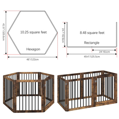 Vantas Folding Pet Gate 144" Wide, 30" Tall No-Assembly Wooden Dog Gate with Door Walk Through, Freestanding Puppy Safety Fence, with 2PCS Support - Rustic Brown