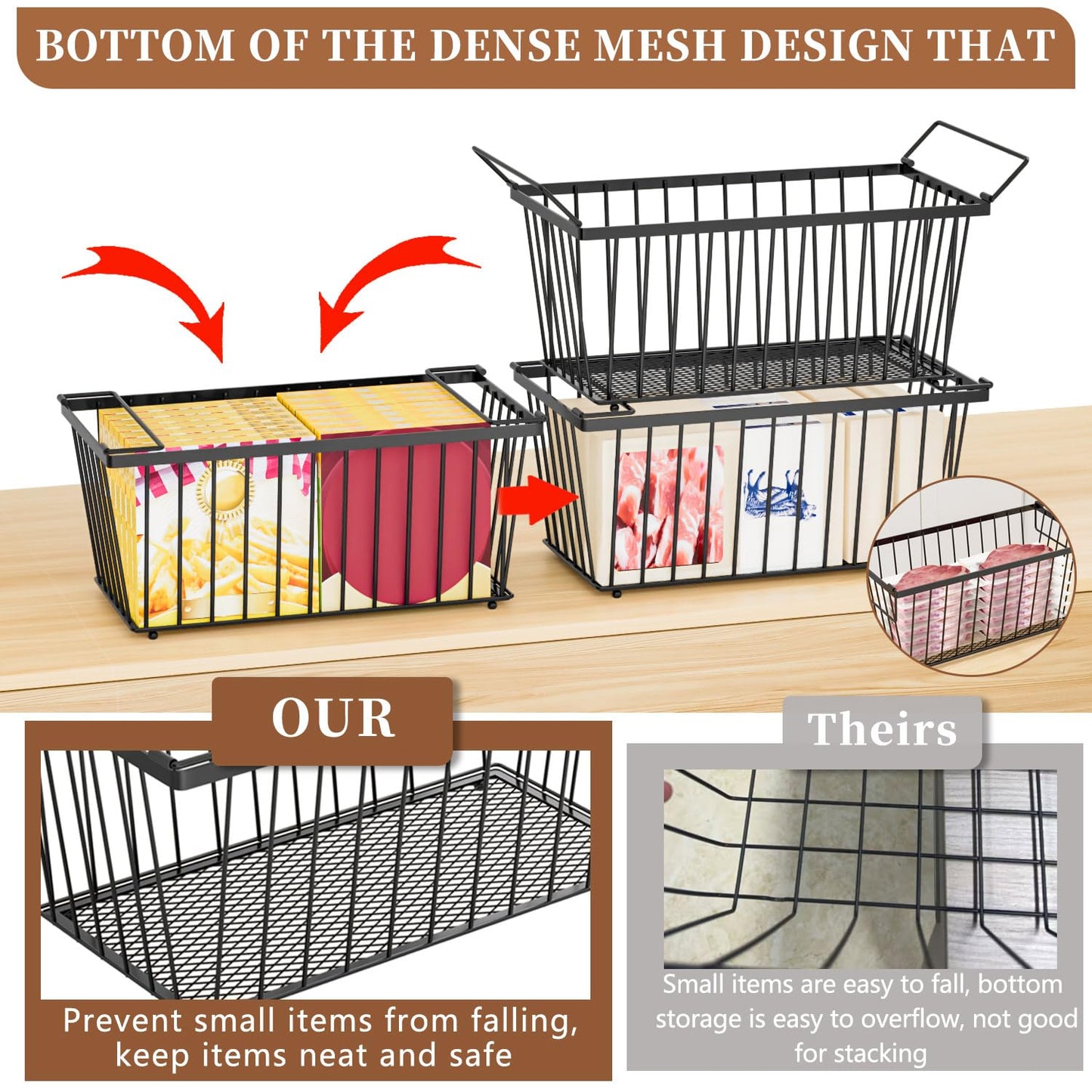 ANJUBAN Enhanced Leak-Proof Bottom - Freezer Organizer Bins ，4 Pack Stackable Deep Freezer Organizer Bins for 7 Cu.FT Small Chest Freezer，organization and storage，pantry organizers(4 Pack-black)