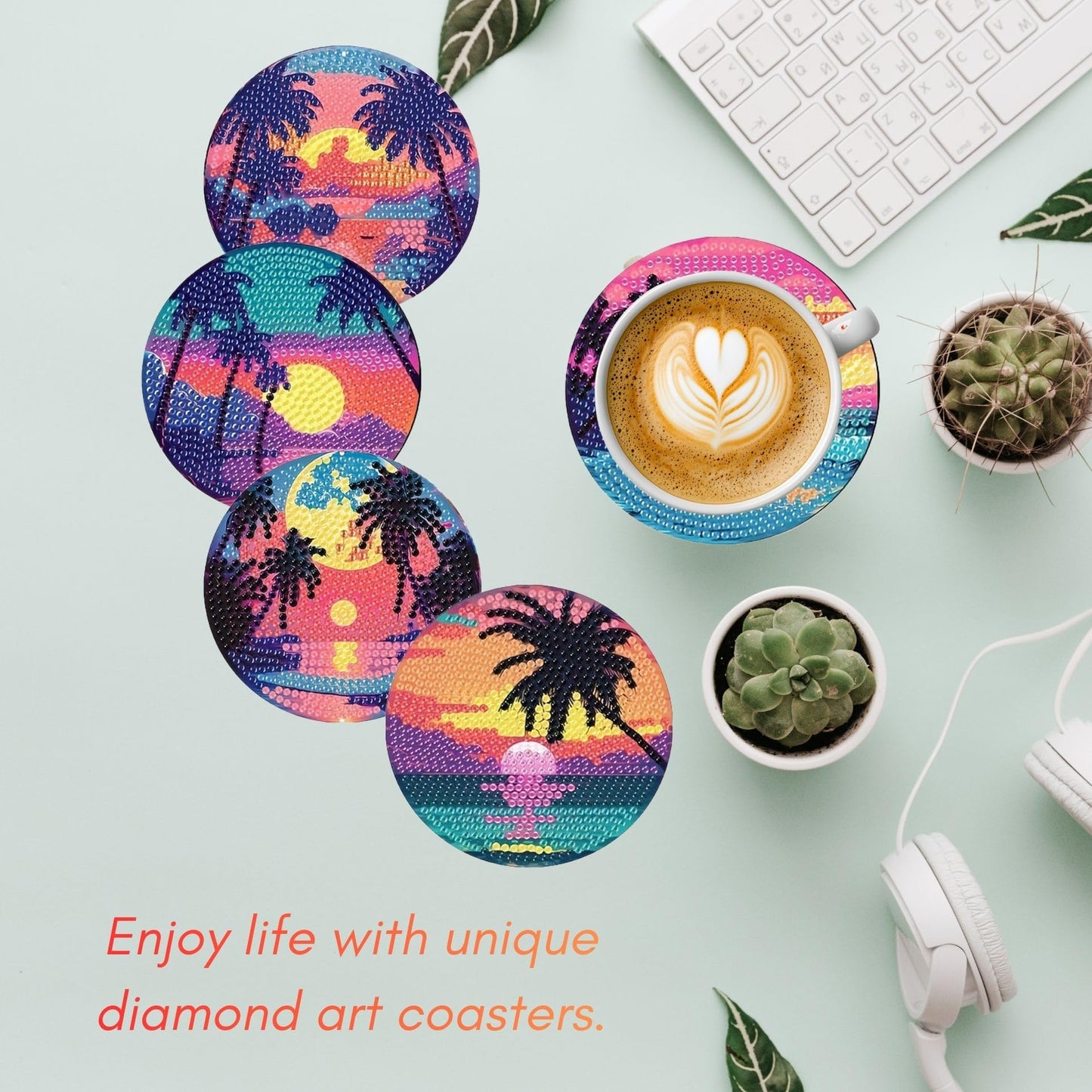 Bloomthread Sunset Beach Diamond Art Coasters Kits with Holder- 8 Pcs Acrylic Diamond Painting Coasters for Adults Beginners, DIY Craft Art Kits (Sunset)
