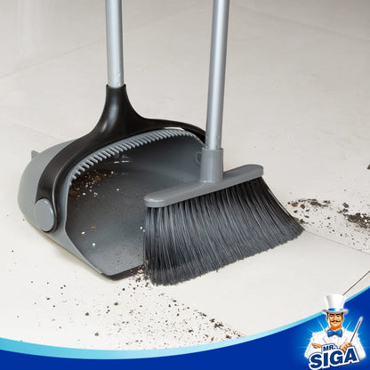 MR.SIGA Broom and Dustpan Set with Adjustable Long Handle, Upright Combo for Floor, Cleaning Lobby, Gray