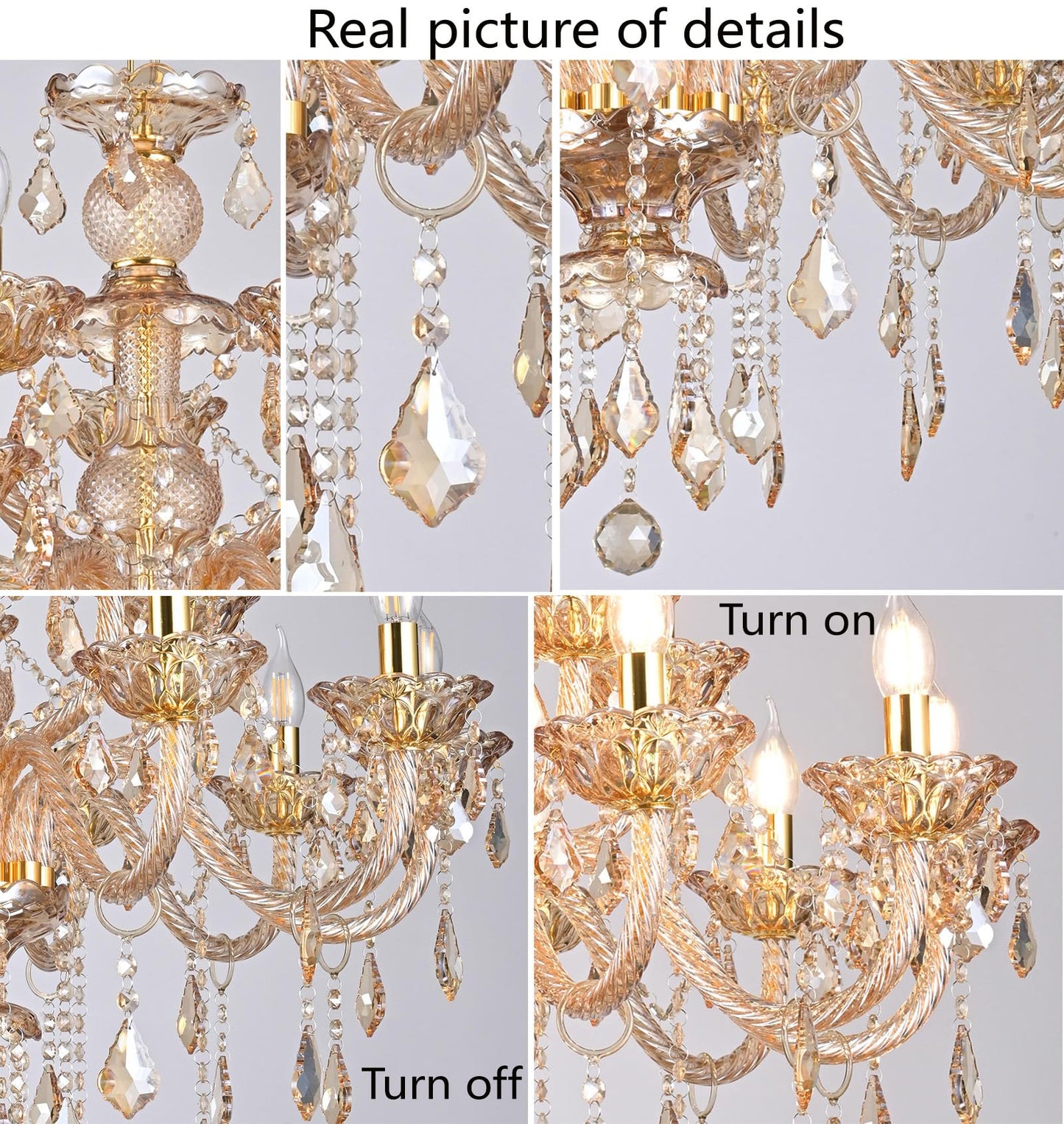 Vimatto Luxury K9 Crystal Amber Color Modern Classic 15 Lights Ceiling Chandelier with Adjustable Height E12 Candelabra Base Fixture for Dining Room Kitchen Living Room