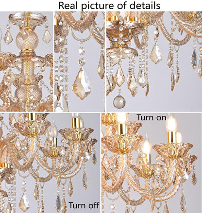 Vimatto Luxury K9 Crystal Amber Color Modern Classic 15 Lights Ceiling Chandelier with Adjustable Height E12 Candelabra Base Fixture for Dining Room Kitchen Living Room