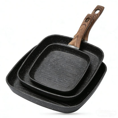 Simple Deluxe 3 Pieces Nonstick Grill Pan Set, Square Versatile Griddle Pans with Wooden Handle, Durable Skillet Indoor & Outdoor Use, All Stovetops Compatible(9.5", 10.2", 11"), PFOA Free, Black