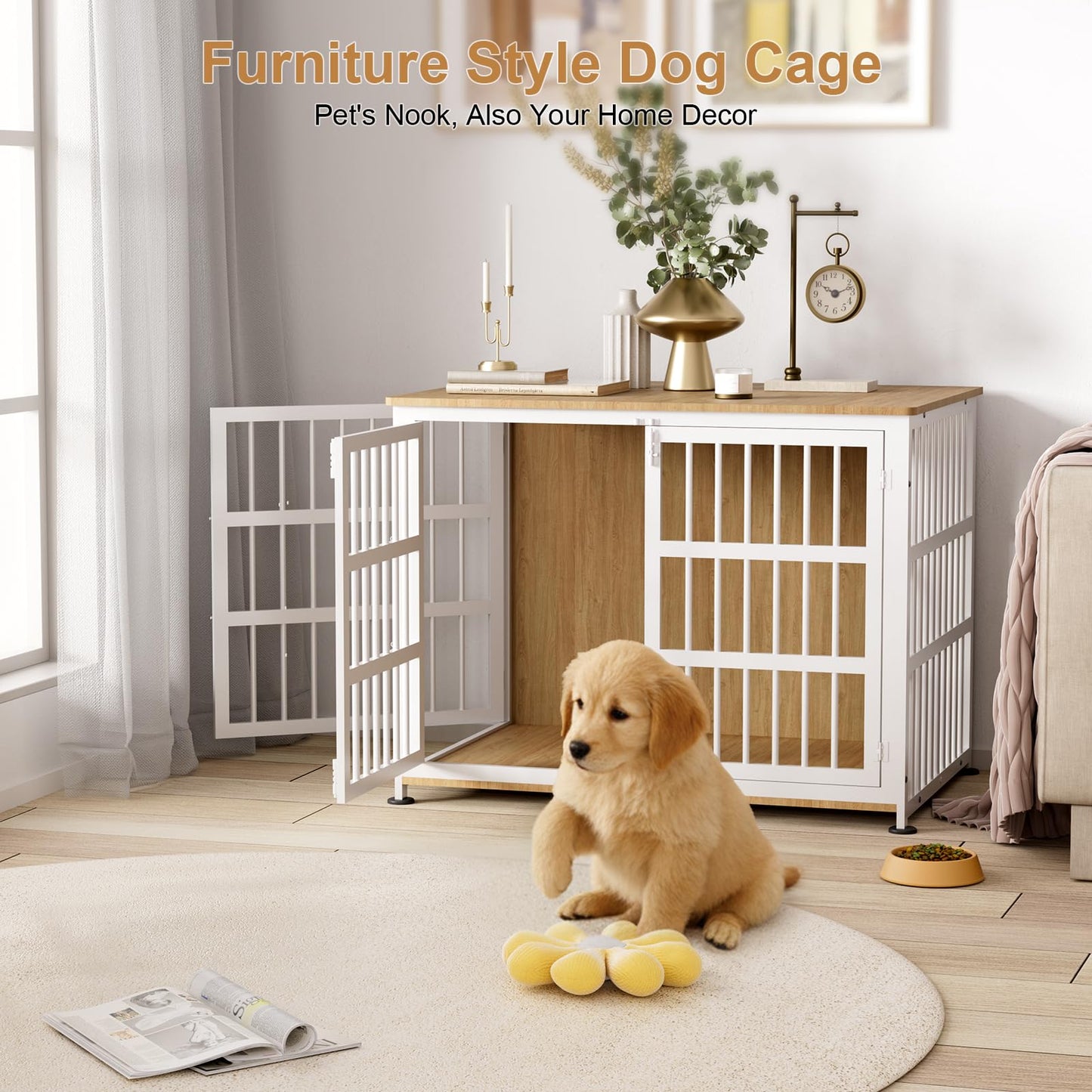 42" Furniture Style Large Dog Crate with Wheels, Metal Chew-Resistant Dog Kennel Indoor for Large & Medium Dogs, 41.9" W x 28.3" D x 31.7" H, Decorate House as TV Stand, End Table — Natural and White